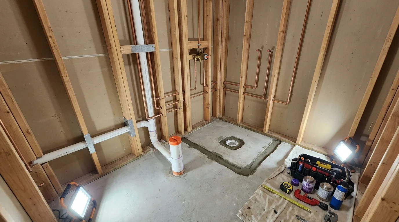 Bathroom rough-in plumbing during remodel by Johns Plumbing LLC in Kenedy