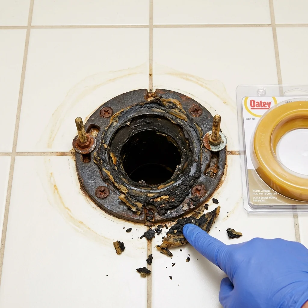 Failed wax ring showing water seepage at the base of a toilet in a Kenedy, TX home